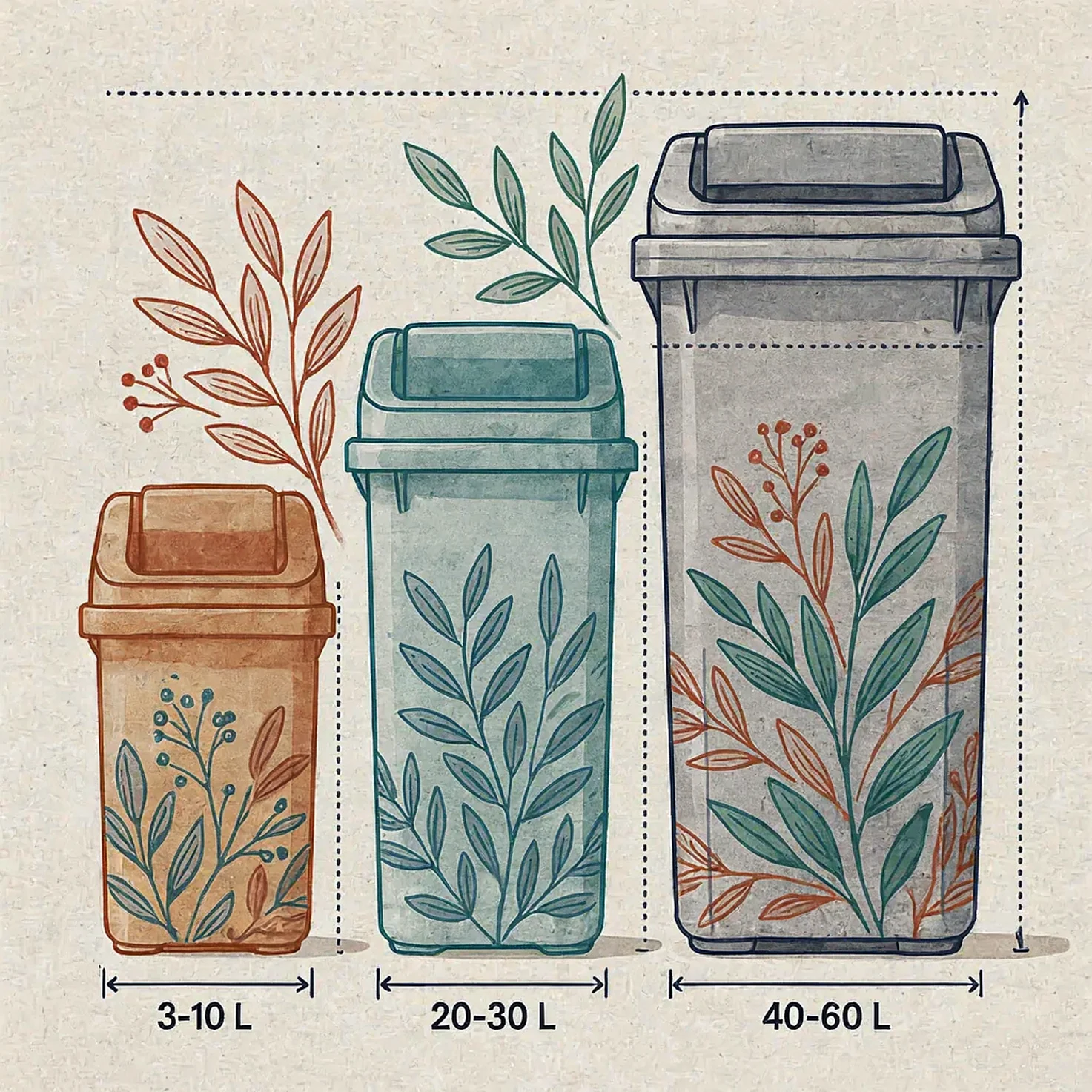 Comparaison visuelle de petites, moyennes et grandes capacités de poubelles