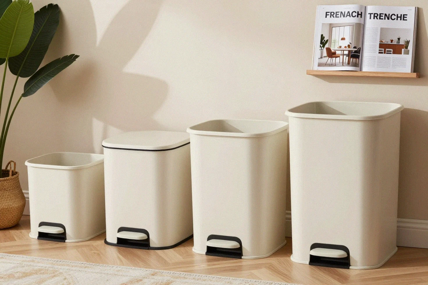 Plusieurs formats de poubelles domestiques alignés pour comparer leurs usages
