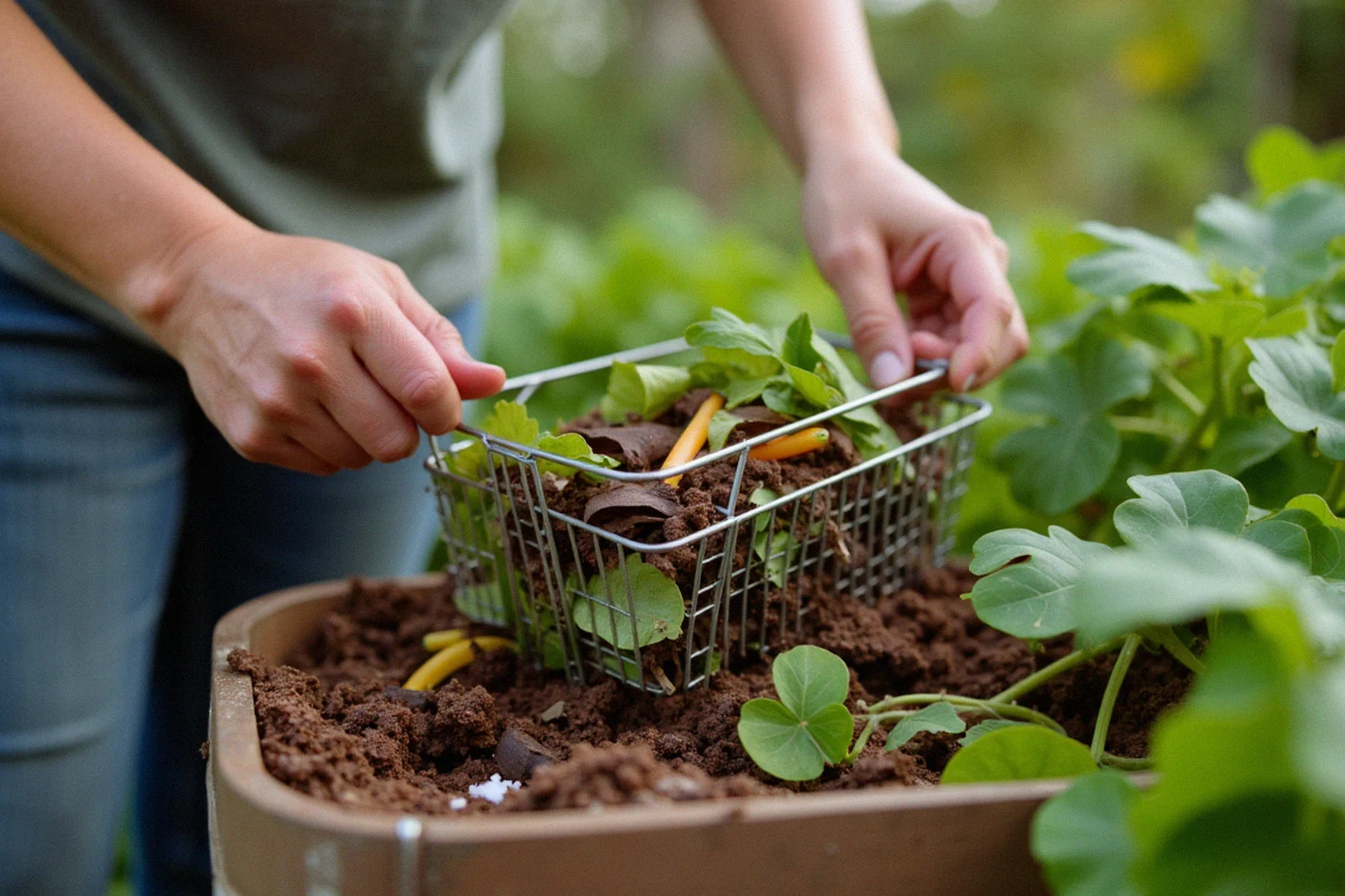 Jardinier ajoutant des épluchures et des feuilles sèches dans un composteur