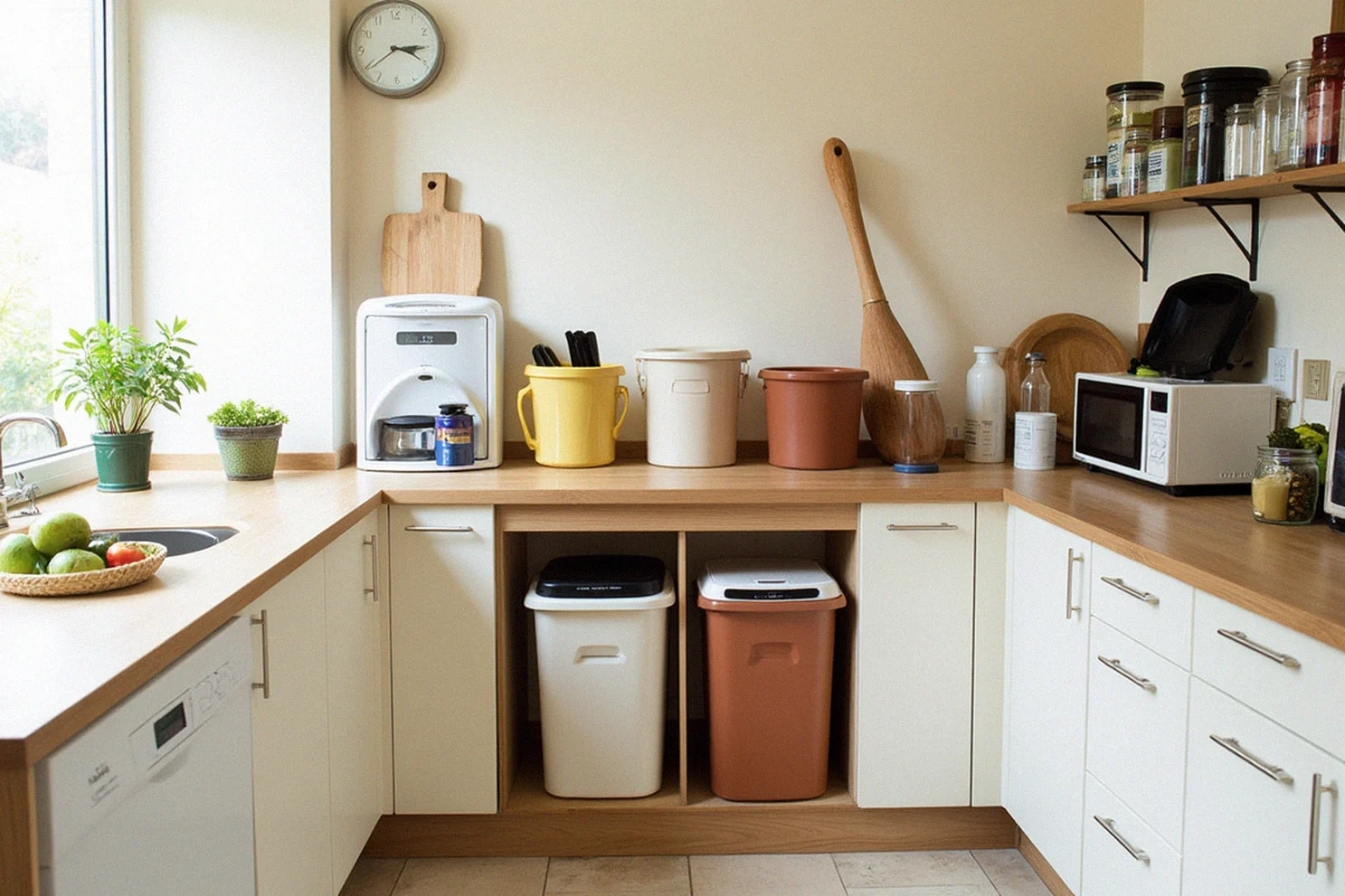 Cuisine lumineuse équipée d'une station de tri domestique discrète