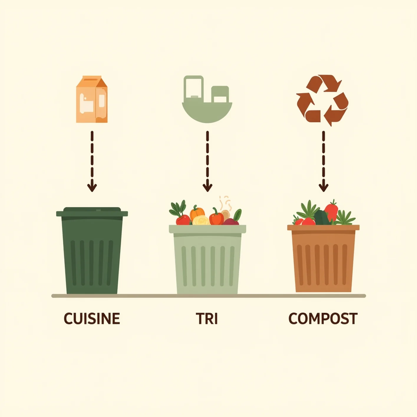 Schéma des trois flux domestiques&nbsp;: cuisine, tri et compost