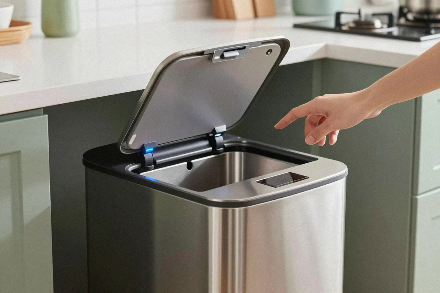 Main approchée d'une poubelle automatique dont le couvercle s'ouvre sans contact