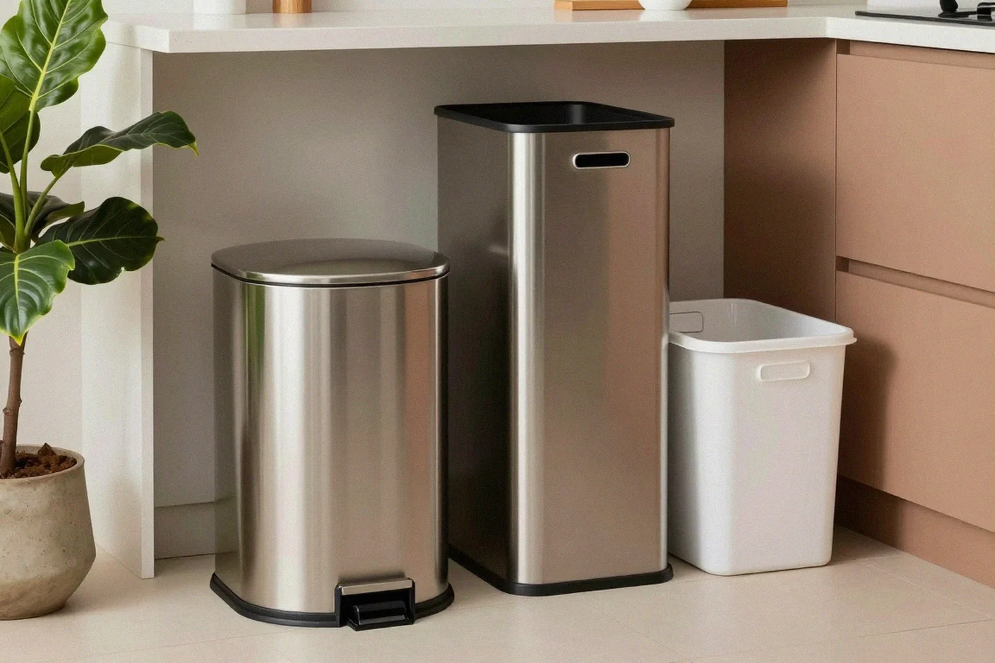 Différents formats de poubelles premium dans une cuisine contemporaine