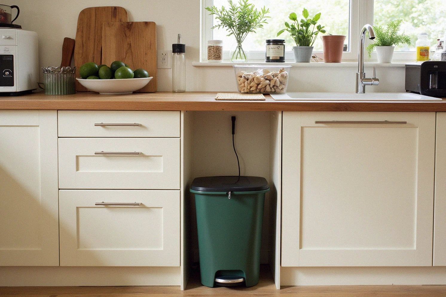 Poubelle de cuisine placée dans une zone pratique sans gêner la circulation
