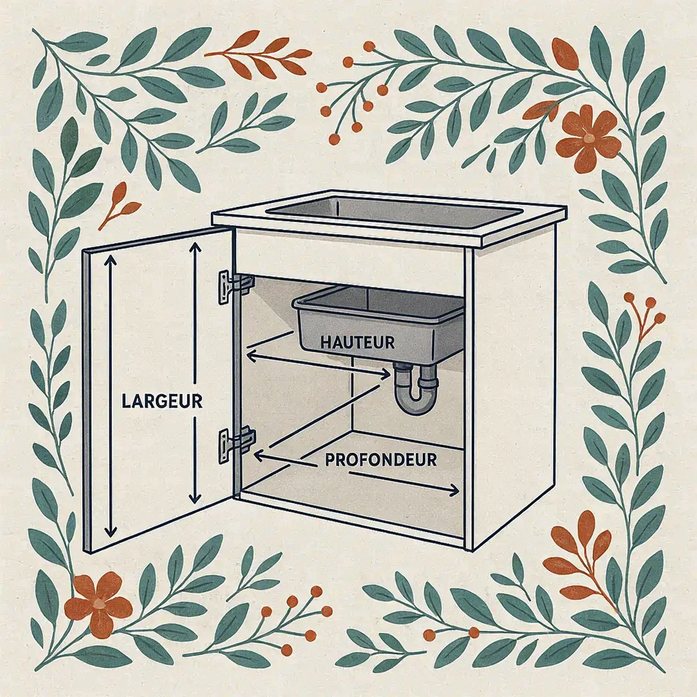 Schéma des trois dimensions à mesurer pour une poubelle encastrable