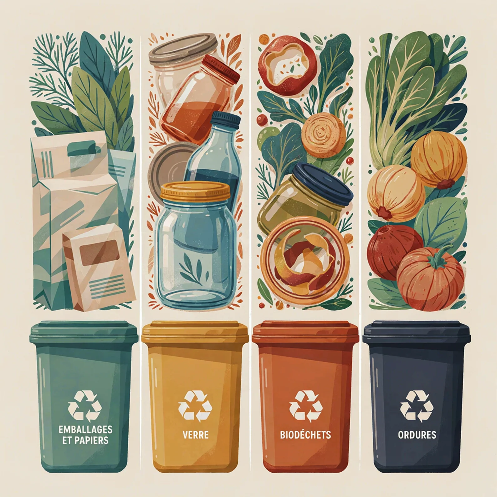 Schéma de quatre flux courants de tri domestique